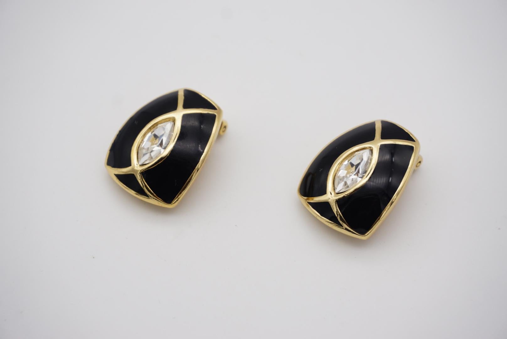Christian Dior Vintage 1980s Large Black Enamel Oval Crystal Gold Clip Earrings For Sale 3