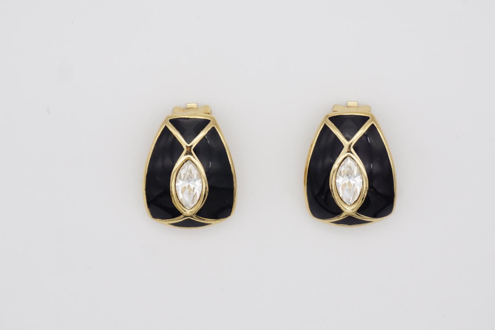 Christian Dior Vintage 1980s Large Black Enamel Oval Crystal Gold Clip Earrings For Sale 3