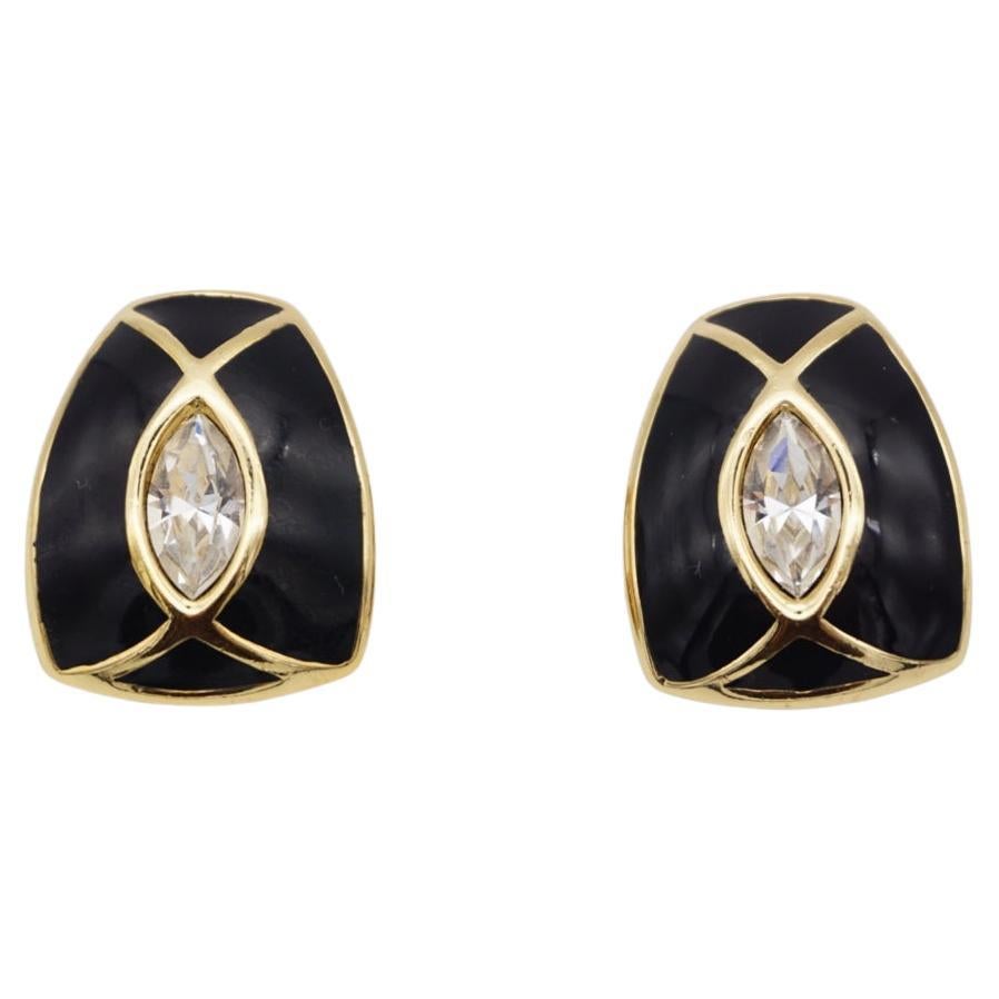 Christian Dior Vintage 1980s Large Black Enamel Oval Crystal Gold Clip Earrings