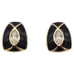Christian Dior Vintage 1980s Large Black Enamel Oval Crystal Gold Clip Earrings