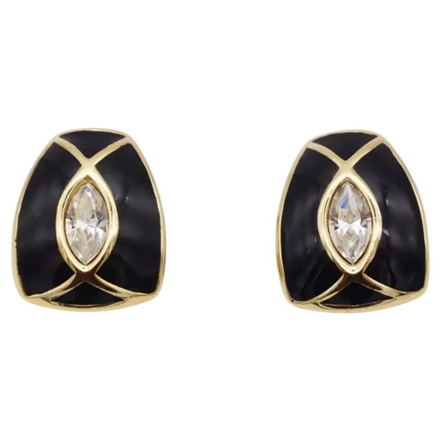 Christian Dior Vintage 1980s Large Black Enamel Oval Crystal Gold Clip Earrings For Sale