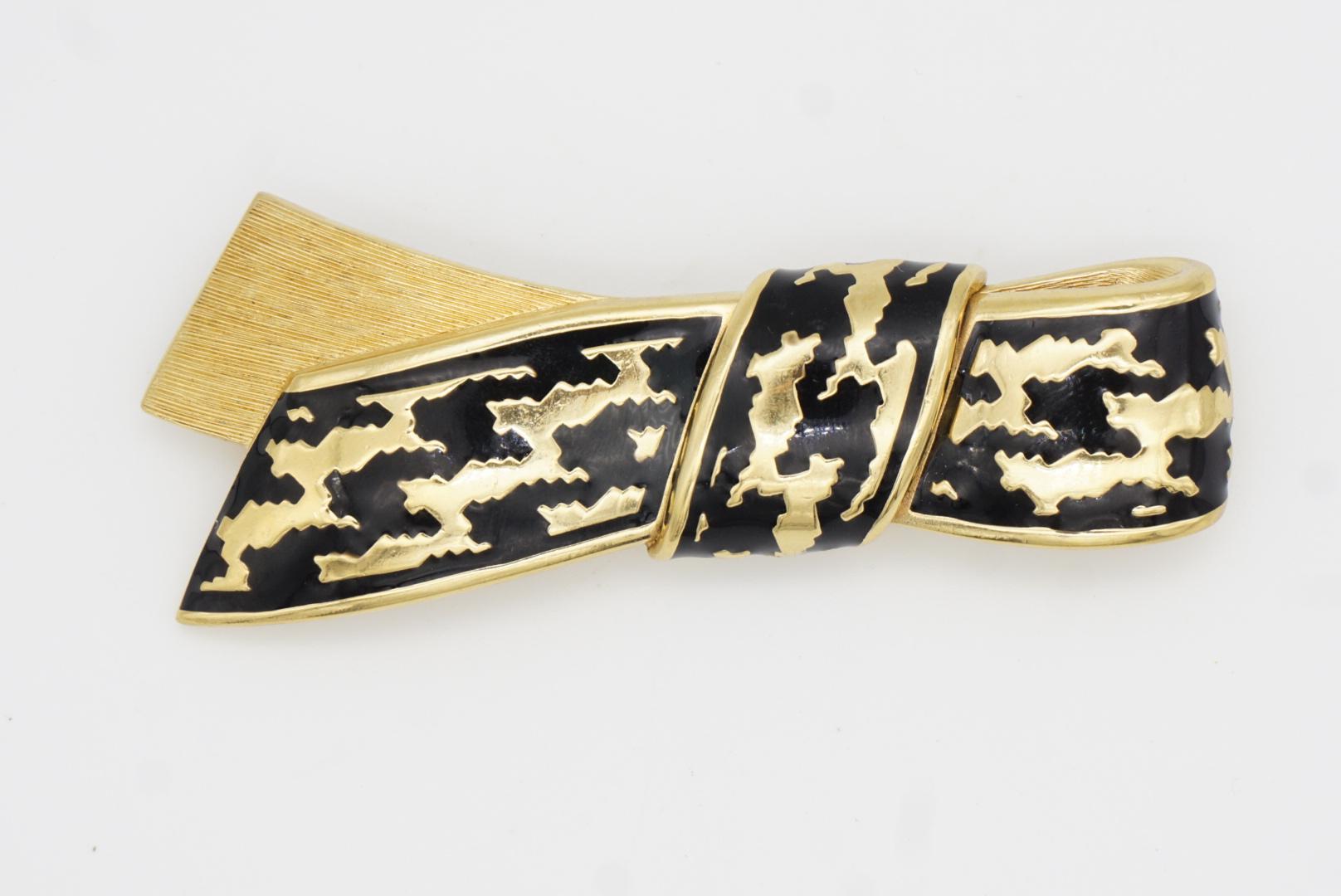 Christian Dior Vintage 1980s Large Black Enamel Ripple Bow Ribbon Chunky Brooch For Sale 5