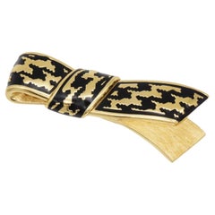 Christian Dior Vintage 1980s Large Black Enamel Ripple Bow Ribbon Chunky Brooch