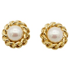Christian Dior Vintage 1980s Large Circle White Pearl Interlocked Rope Earrings