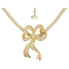 Christian Dior Vintage 1980s Large Crystals Ribbon Knot Bow Pendant Necklace