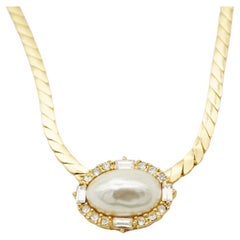 Christian Dior Vintage 1980s Large Crystals White Oval Pearl Pendant Necklace