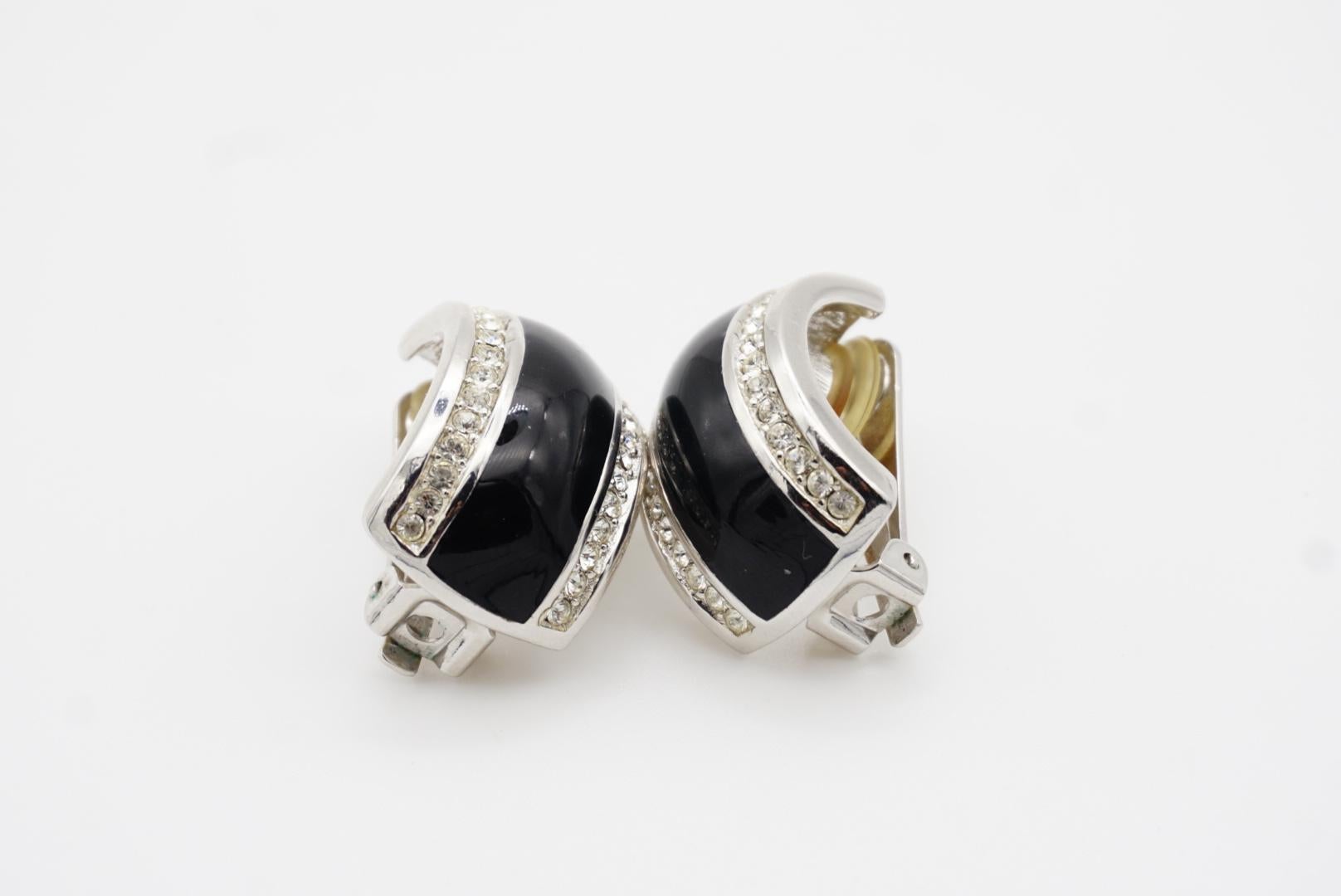 Christian Dior Vintage 1980s Large Dome Black Enamel Crystals Silver Earrings For Sale 6