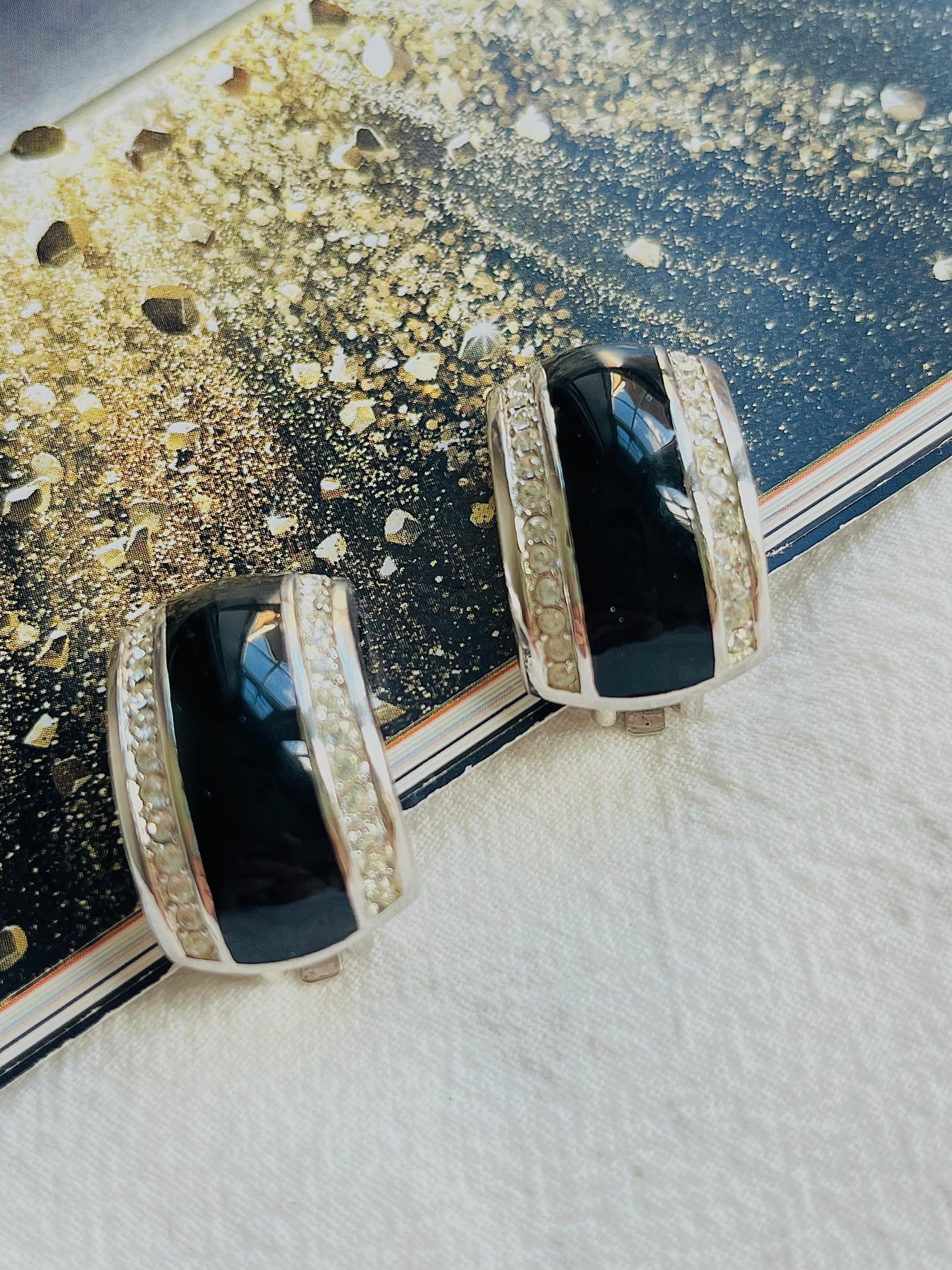 Art Deco Christian Dior Vintage 1980s Large Dome Black Enamel Crystals Silver Earrings For Sale