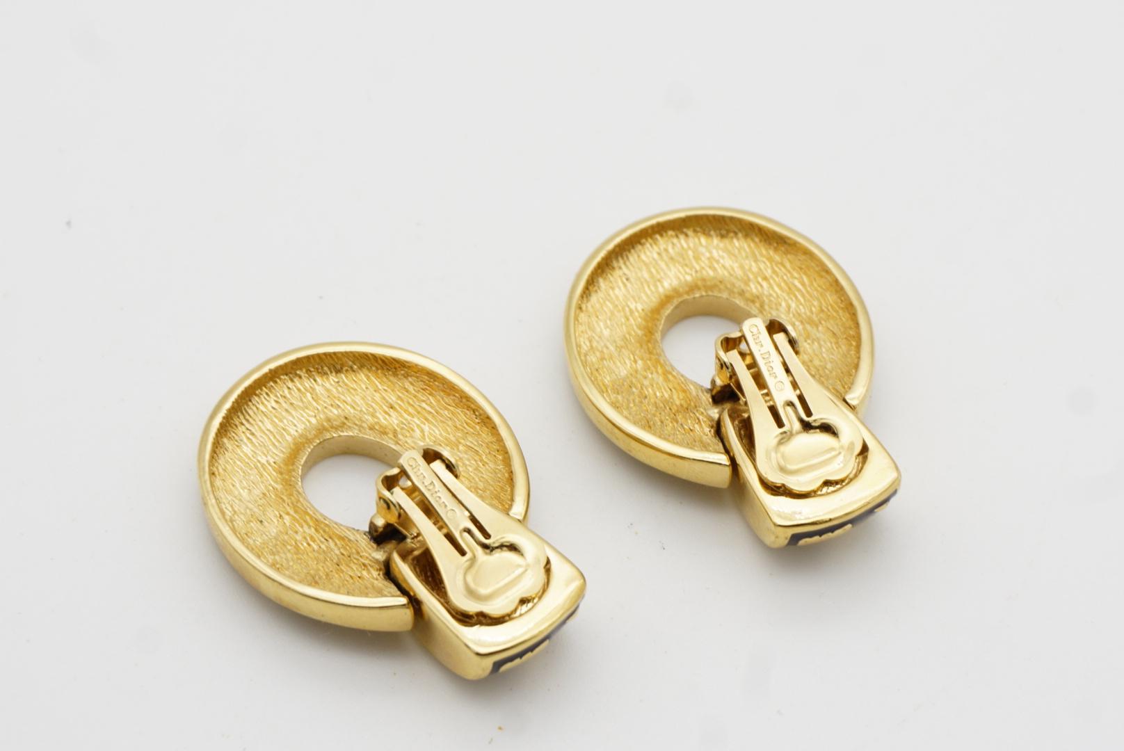 Christian Dior Vintage 1980s Large Door Knocker Black Ripple Oval Clip Earrings 6