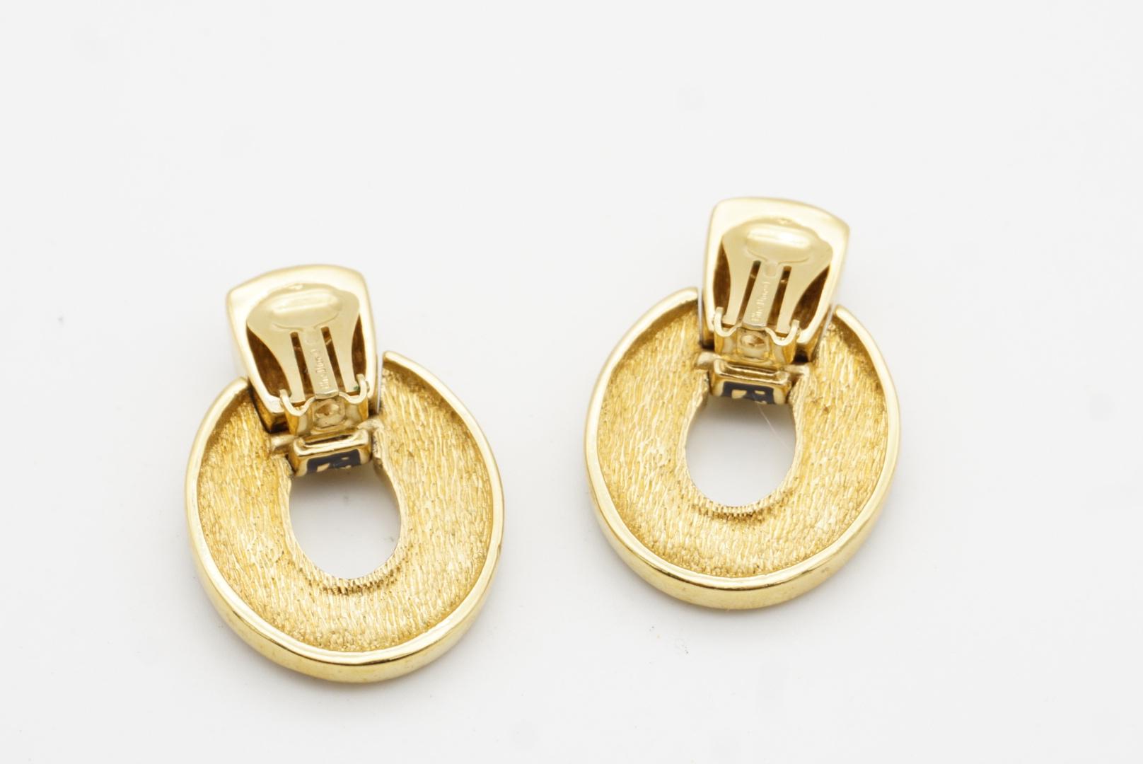 Christian Dior Vintage 1980s Large Door Knocker Black Ripple Oval Clip Earrings 7