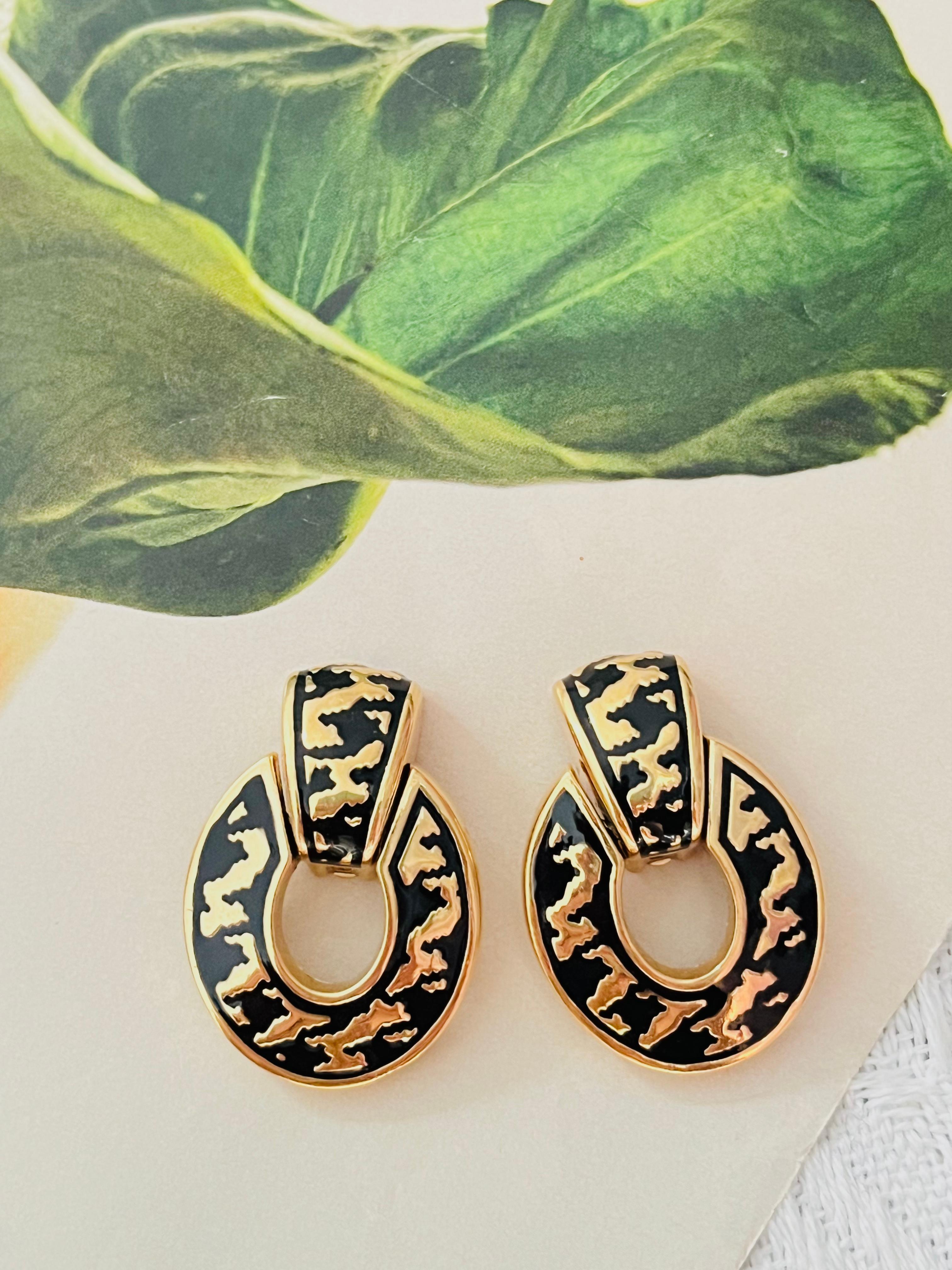 Art Deco Christian Dior Vintage 1980s Large Door Knocker Black Ripple Oval Clip Earrings