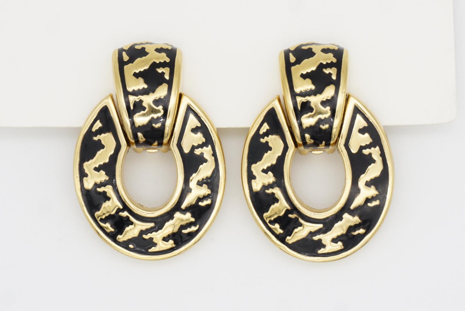 Christian Dior Vintage 1980s Large Door Knocker Black Ripple Oval Clip Earrings 2