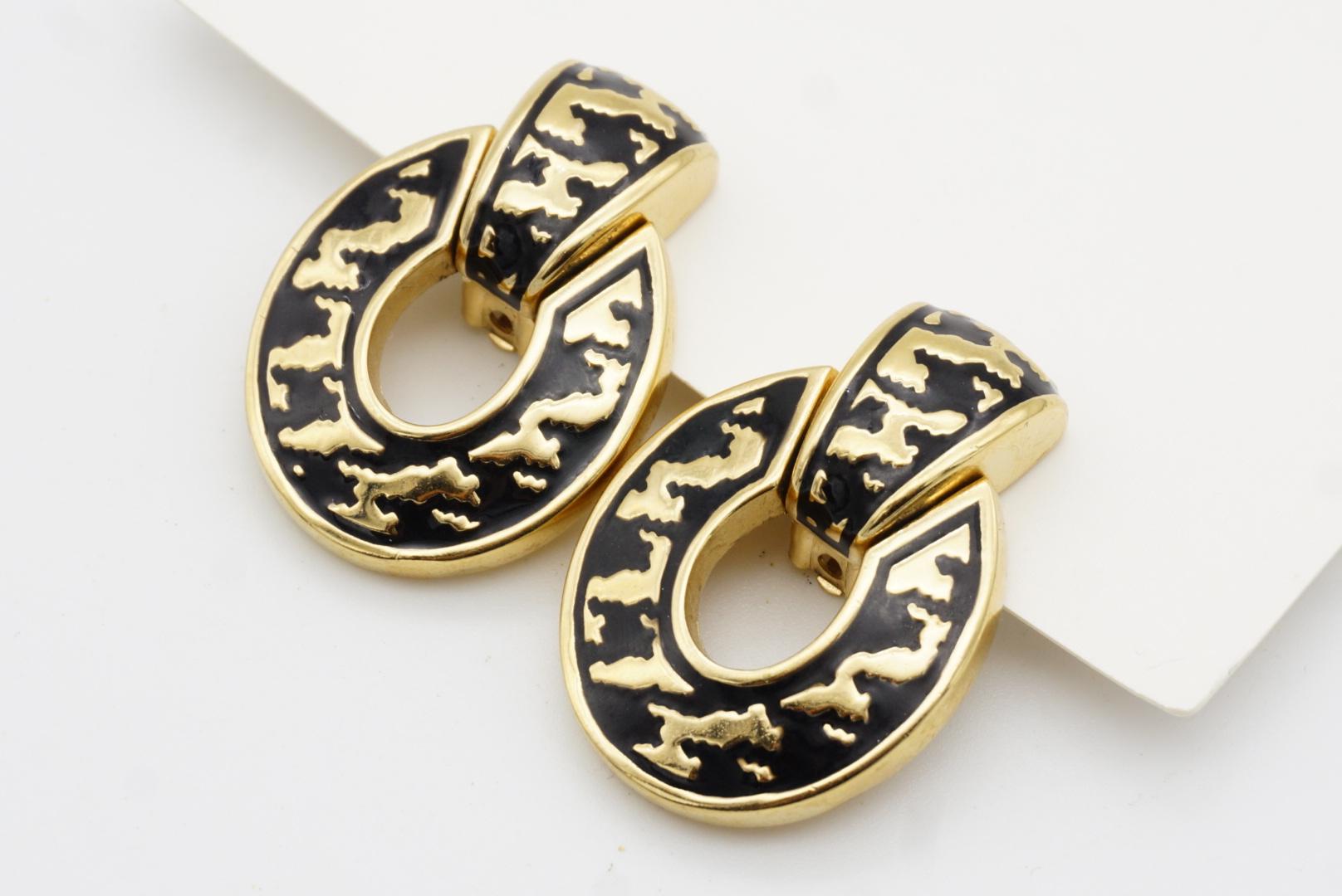 Christian Dior Vintage 1980s Large Door Knocker Black Ripple Oval Clip Earrings 3