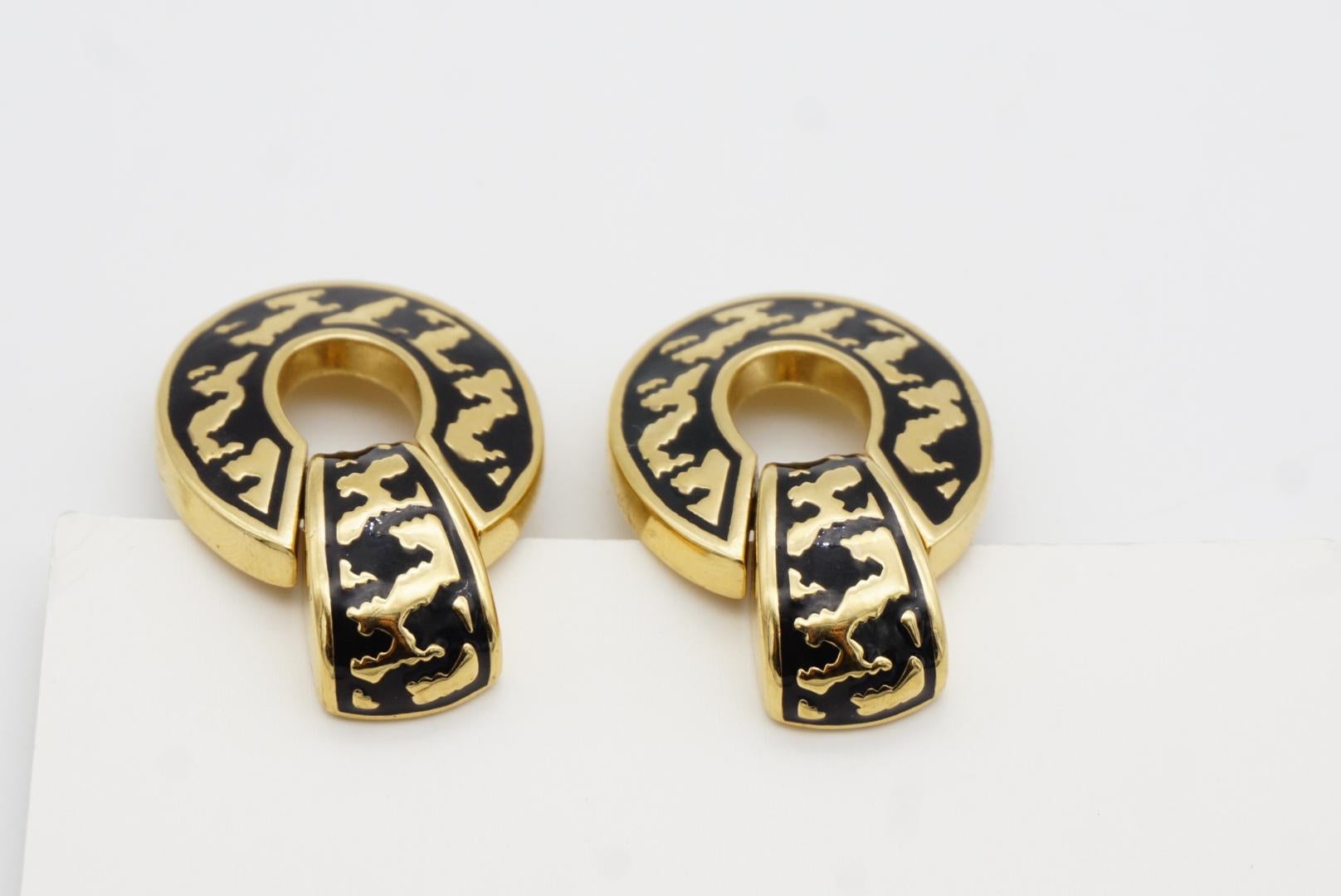 Christian Dior Vintage 1980s Large Door Knocker Black Ripple Oval Clip Earrings 4