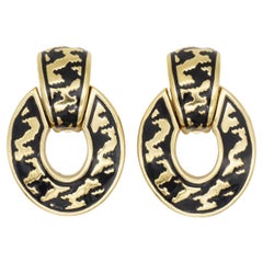 Christian Dior Vintage 1980s Large Door Knocker Black Ripple Oval Clip Earrings