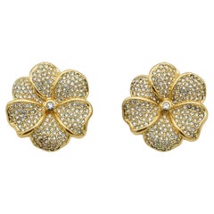 Christian Dior Vintage 1980s Large Flower Crystals Whole Shining Clip Earrings