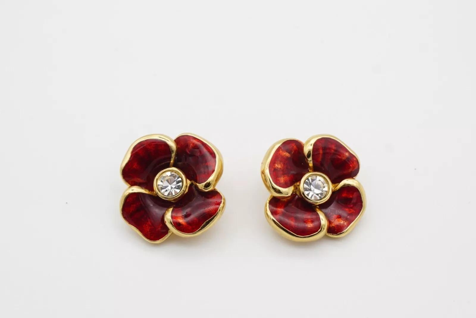 Christian Dior Vintage 1980s Large Glow Red Flower Pansy Crystal Clip Earrings For Sale 8