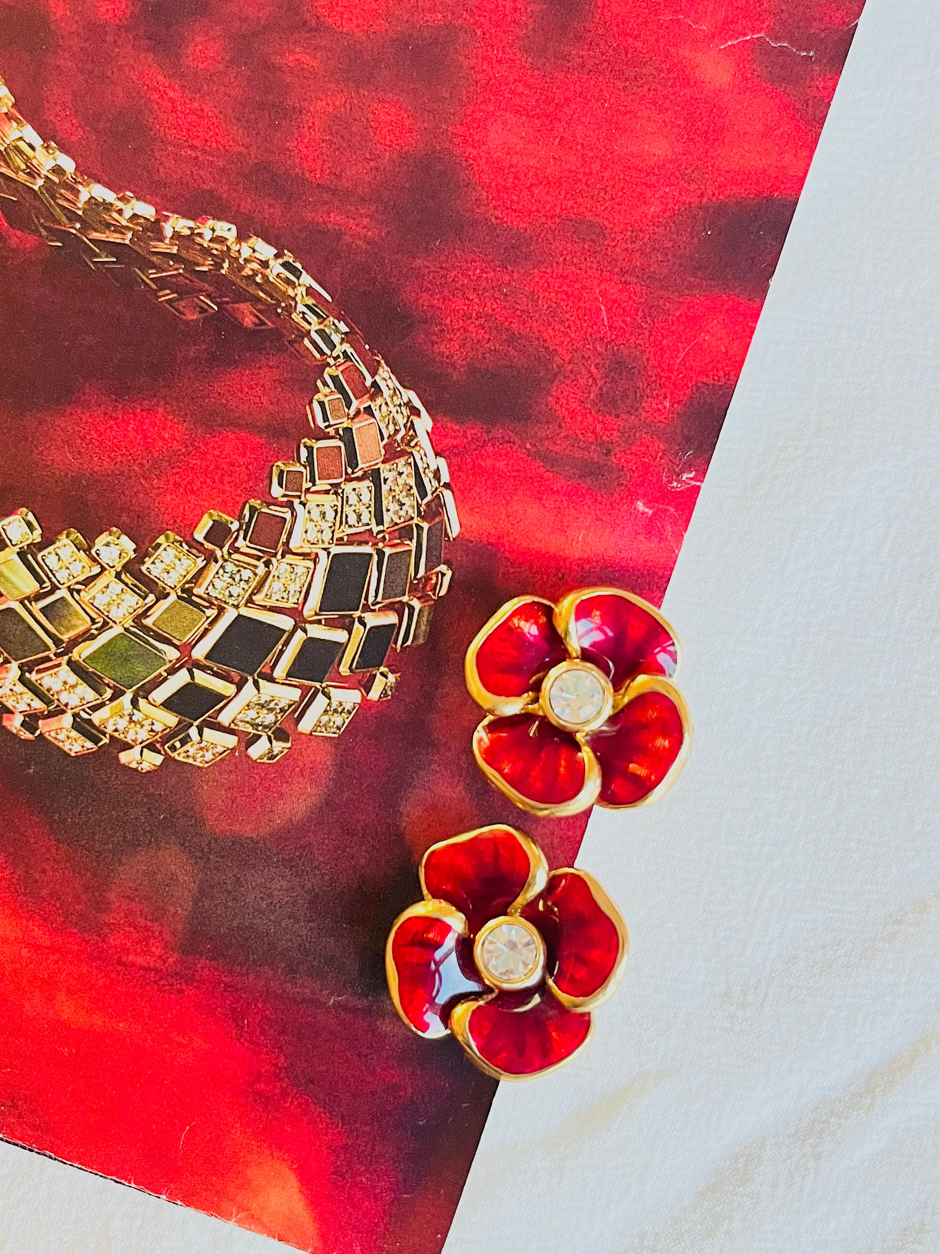 Christian Dior Vintage 1980s Large Glow Red Flower Pansy Crystal Clip Earrings In Excellent Condition For Sale In Wokingham, England