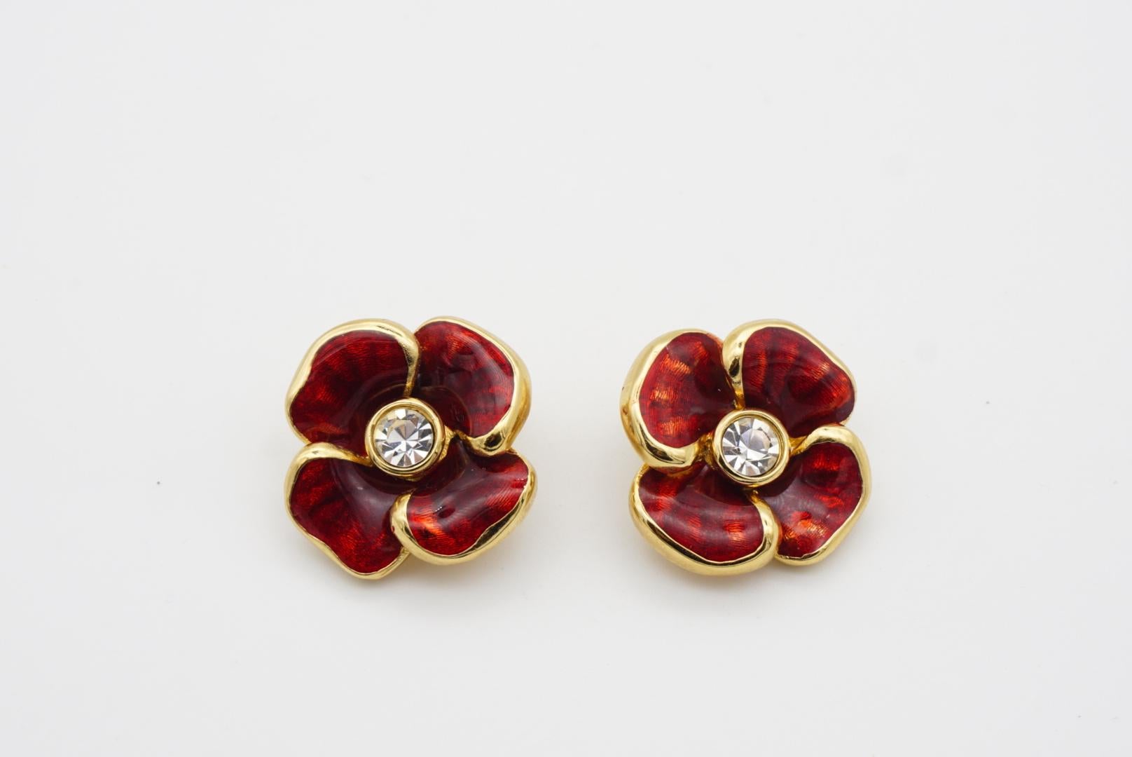 Christian Dior Vintage 1980s Large Glow Red Flower Pansy Crystal Clip Earrings 4
