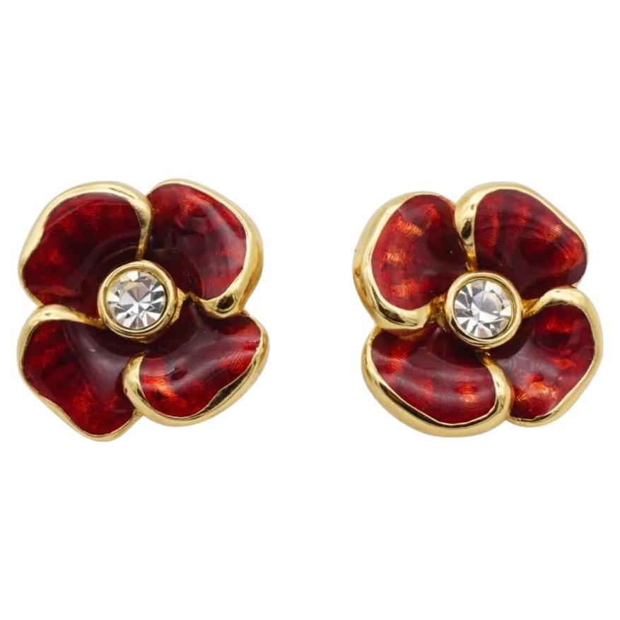 Christian Dior Vintage 1980s Large Glow Red Flower Pansy Crystal Clip Earrings For Sale