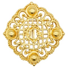 Christian Dior Vintage anni '80 Grande Logo Monogram d'oro traforato Spilla a forma di catena