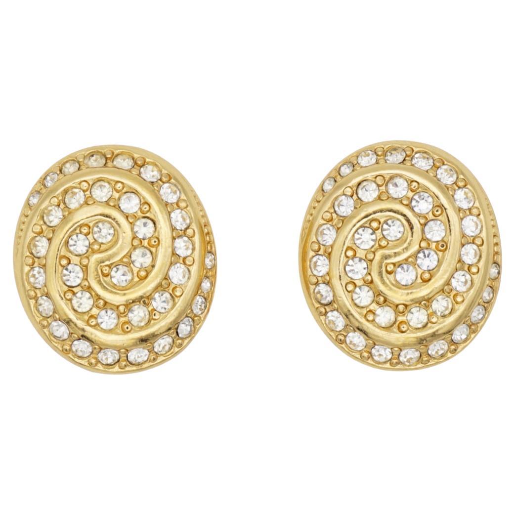 Christian Dior Vintage 1980s Large Gold Swirl Oval Clear Crystals Clip Earrings For Sale
