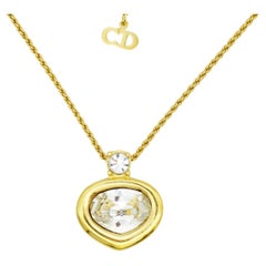 Christian Dior Vintage 1980s Large Heart Clear Crystals Pendant Chain Necklace