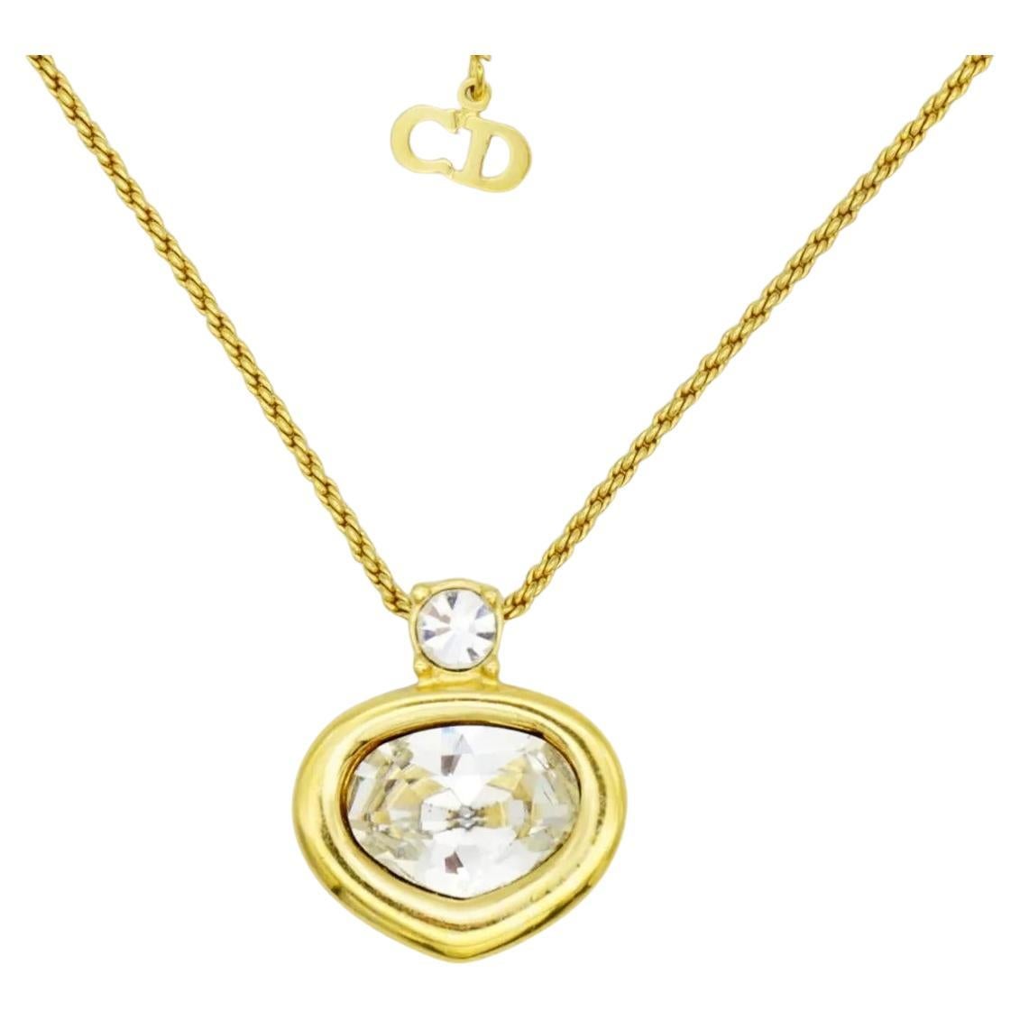 Christian Dior Vintage 1980s Large Heart Clear Crystals Pendant Chain Necklace