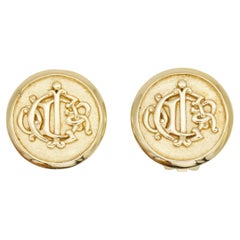 Christian Dior Vintage 1980s Large Insignia Initial Monogram Logo Clip Earrings