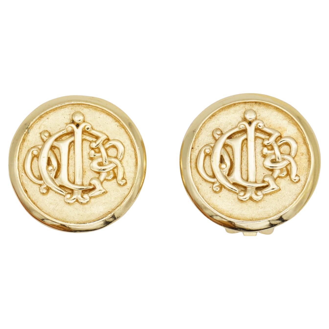 Christian Dior Vintage 1980s Large Insignia Initial Monogram Logo Clip Earrings For Sale