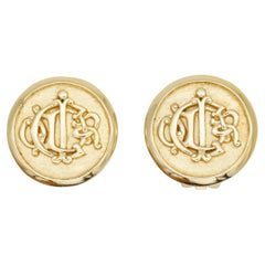 Christian Dior Vintage 1980s Large Insignia Initial Monogram Logo Clip Earrings