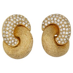 Christian Dior Vintage 1980s Large Knot Twist Swirl Crystals Gold Clip Earrings
