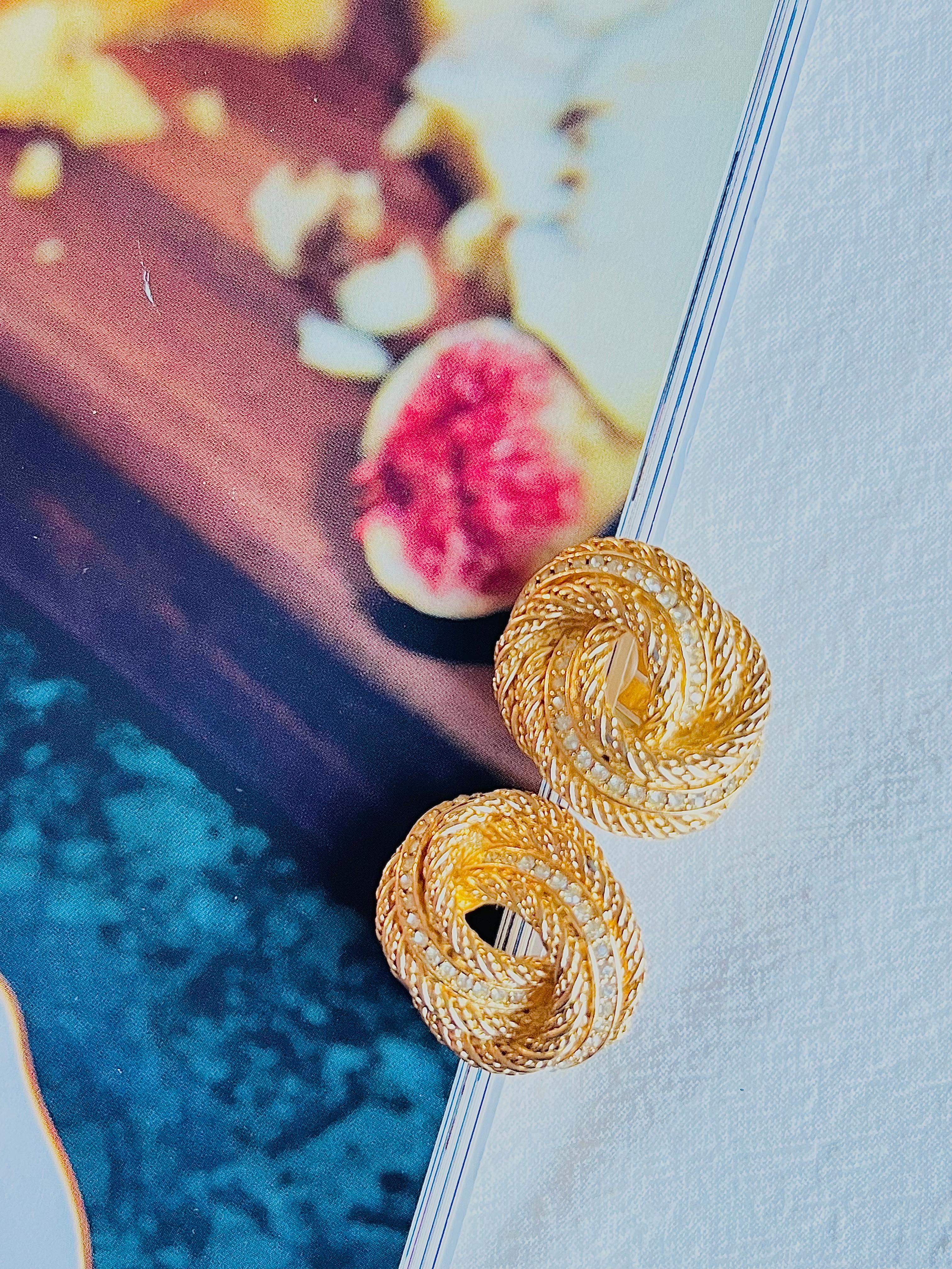 Classical Roman Christian Dior Vintage 1980s Large Knot Twist Swirl Rope Crystals Clip Earrings