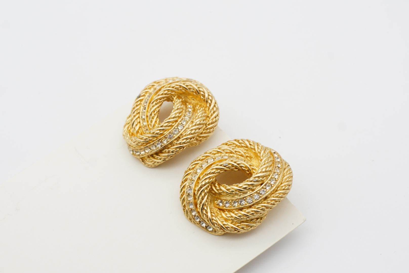 Christian Dior Vintage 1980s Large Knot Twist Swirl Rope Crystals Clip Earrings For Sale 3
