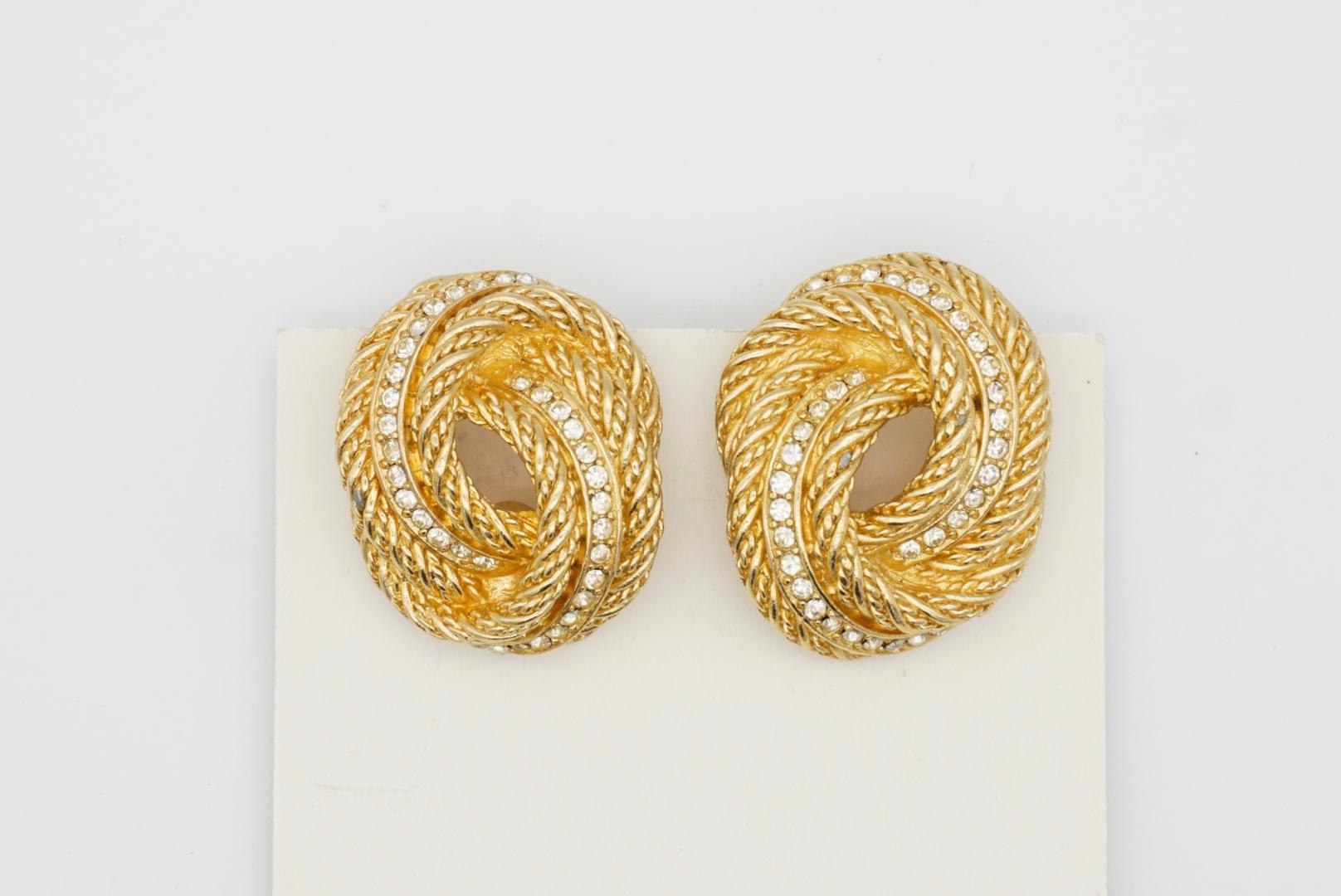 Christian Dior Vintage 1980s Large Knot Twist Swirl Rope Crystals Clip Earrings 3