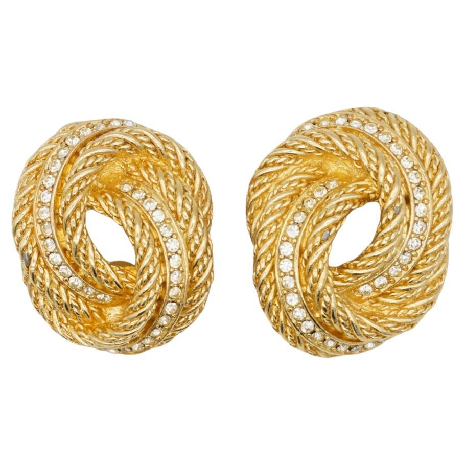 Christian Dior Vintage 1980s Large Knot Twist Swirl Rope Crystals Clip Earrings For Sale
