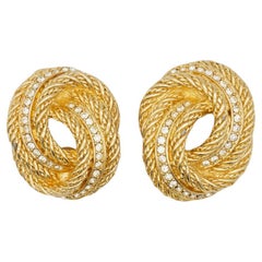 Christian Dior Vintage 1980s Large Knot Twist Swirl Rope Crystals Clip Earrings