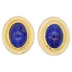 Christian Dior Vintage 1980s Large Lapis Foil Navy Oval Chunky Clip Earrings