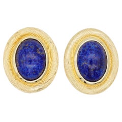 Christian Dior Vintage 1980s Large Lapis Foil Navy Oval Chunky Clip Earrings