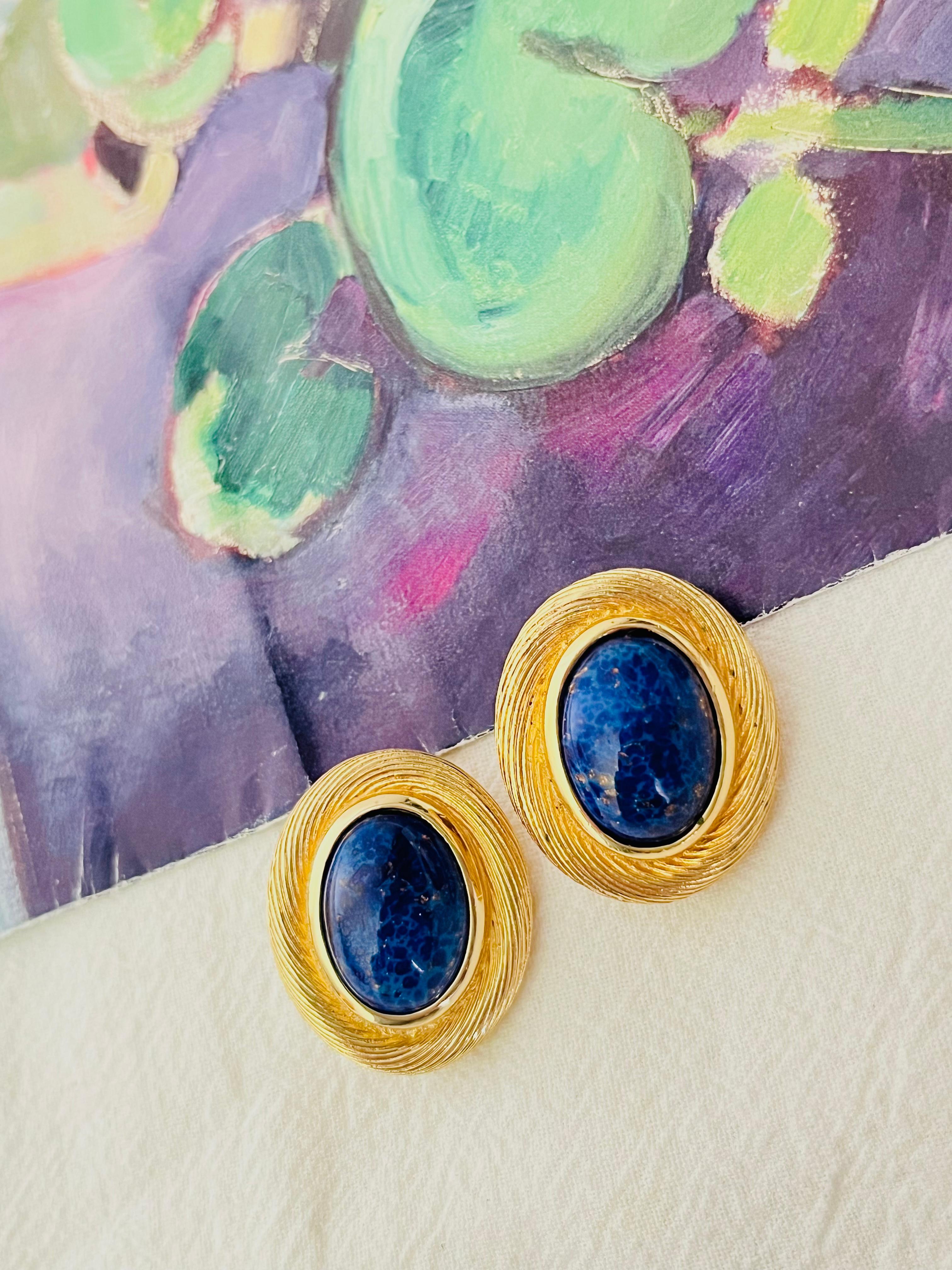 Art Deco Christian Dior Vintage 1980s Large Lapis Navy Foil Oval Modernist Clip Earrings For Sale