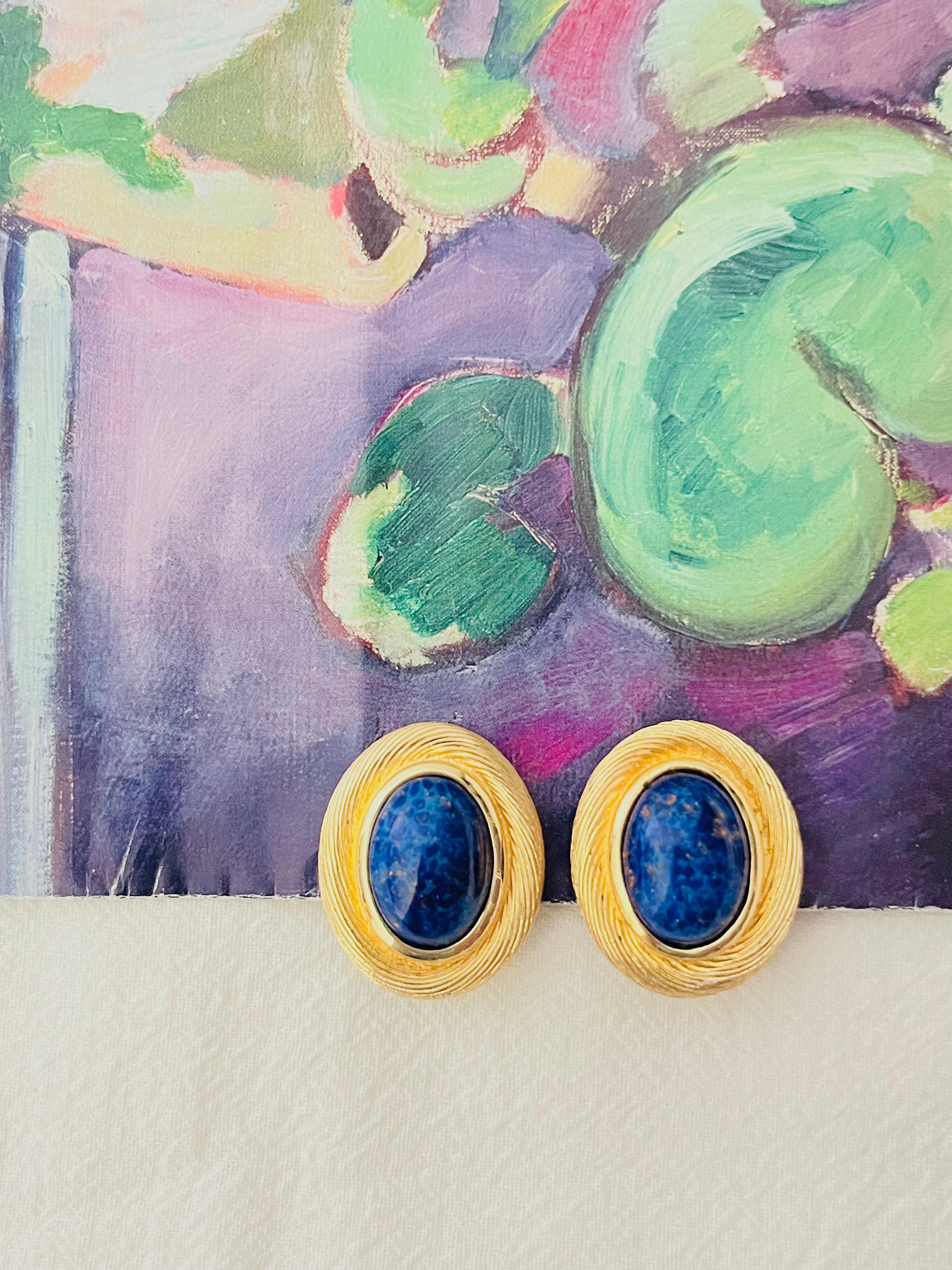 Christian Dior Vintage 1980s Large Lapis Navy Foil Oval Modernist Clip Earrings In Excellent Condition In Wokingham, England