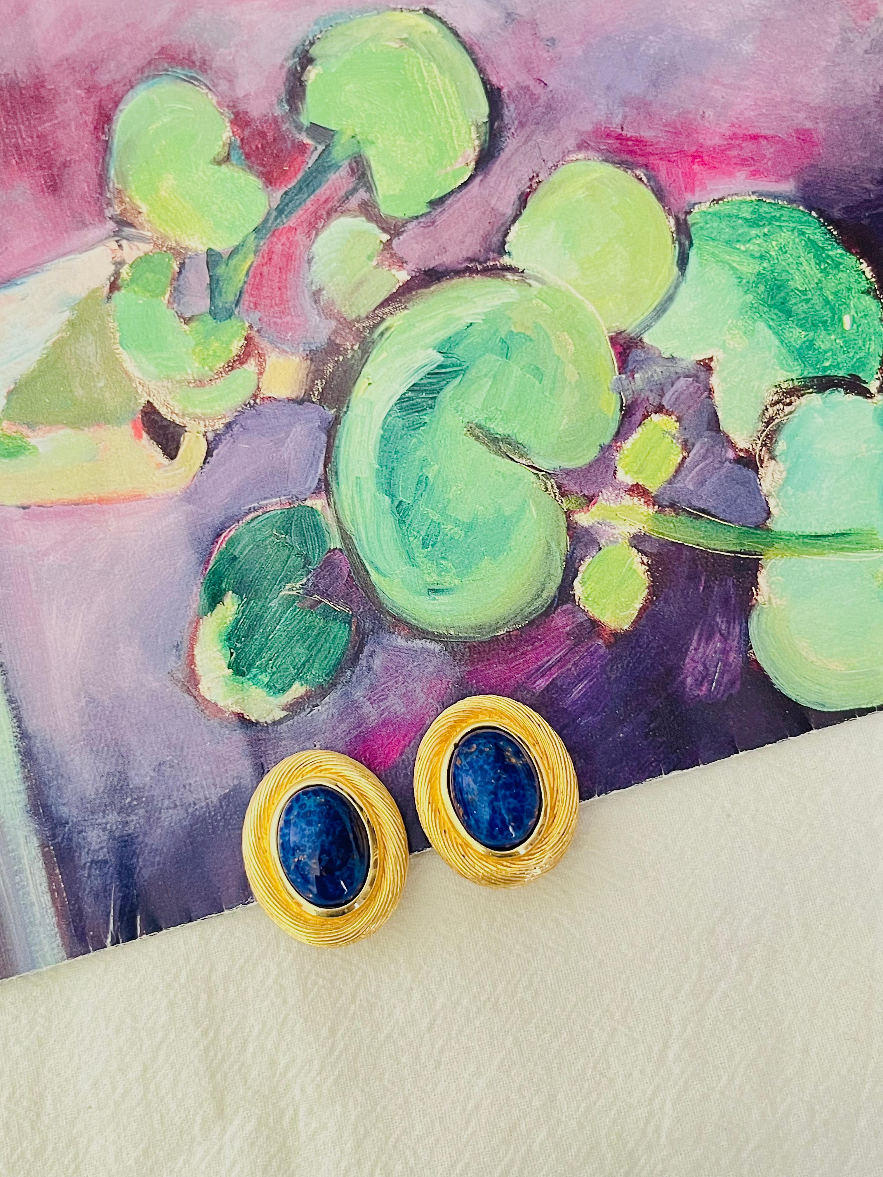 Women's or Men's Christian Dior Vintage 1980s Large Lapis Navy Foil Oval Modernist Clip Earrings