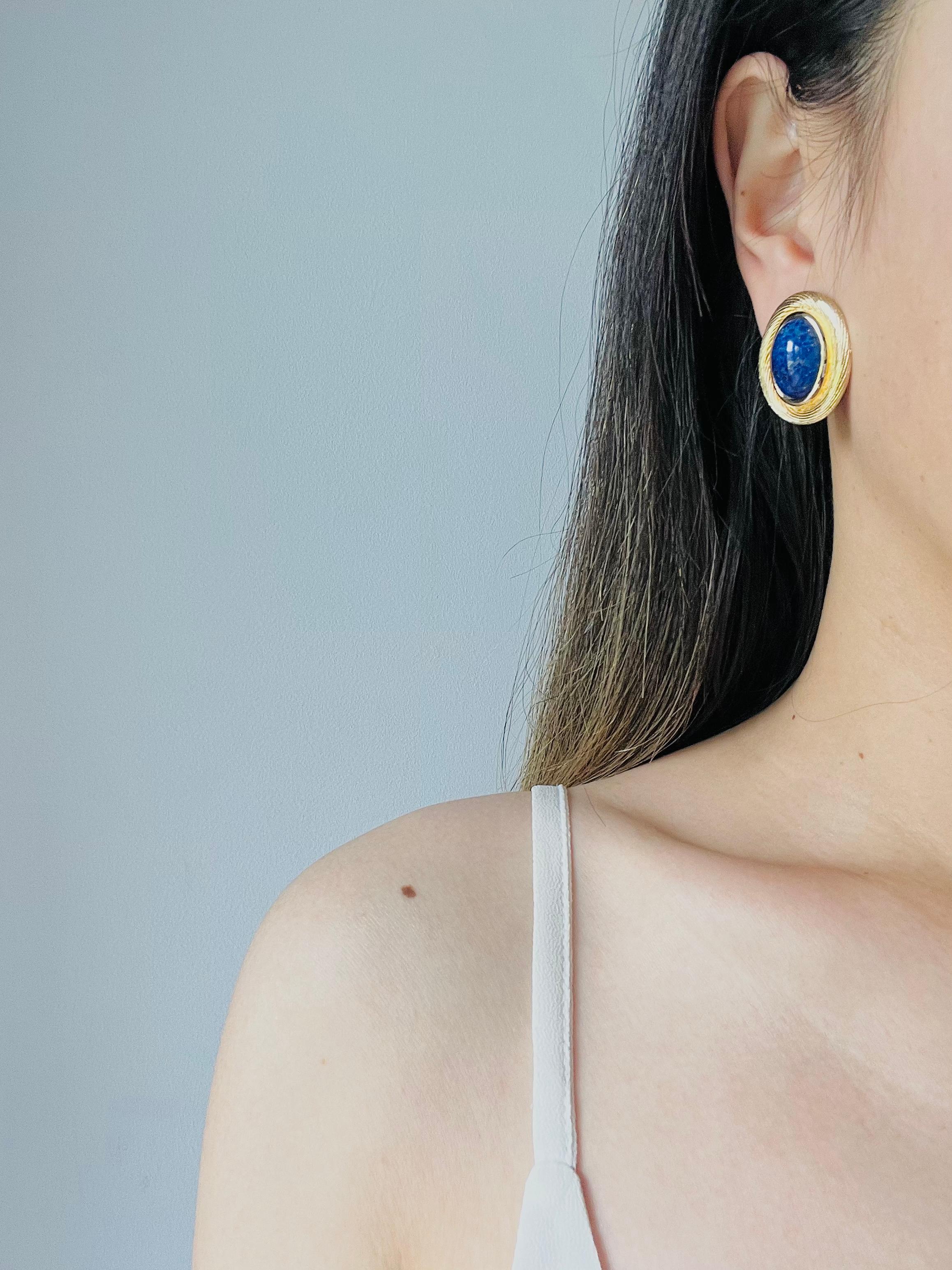 Christian Dior Vintage 1980s Large Lapis Navy Foil Oval Modernist Clip Earrings For Sale 1