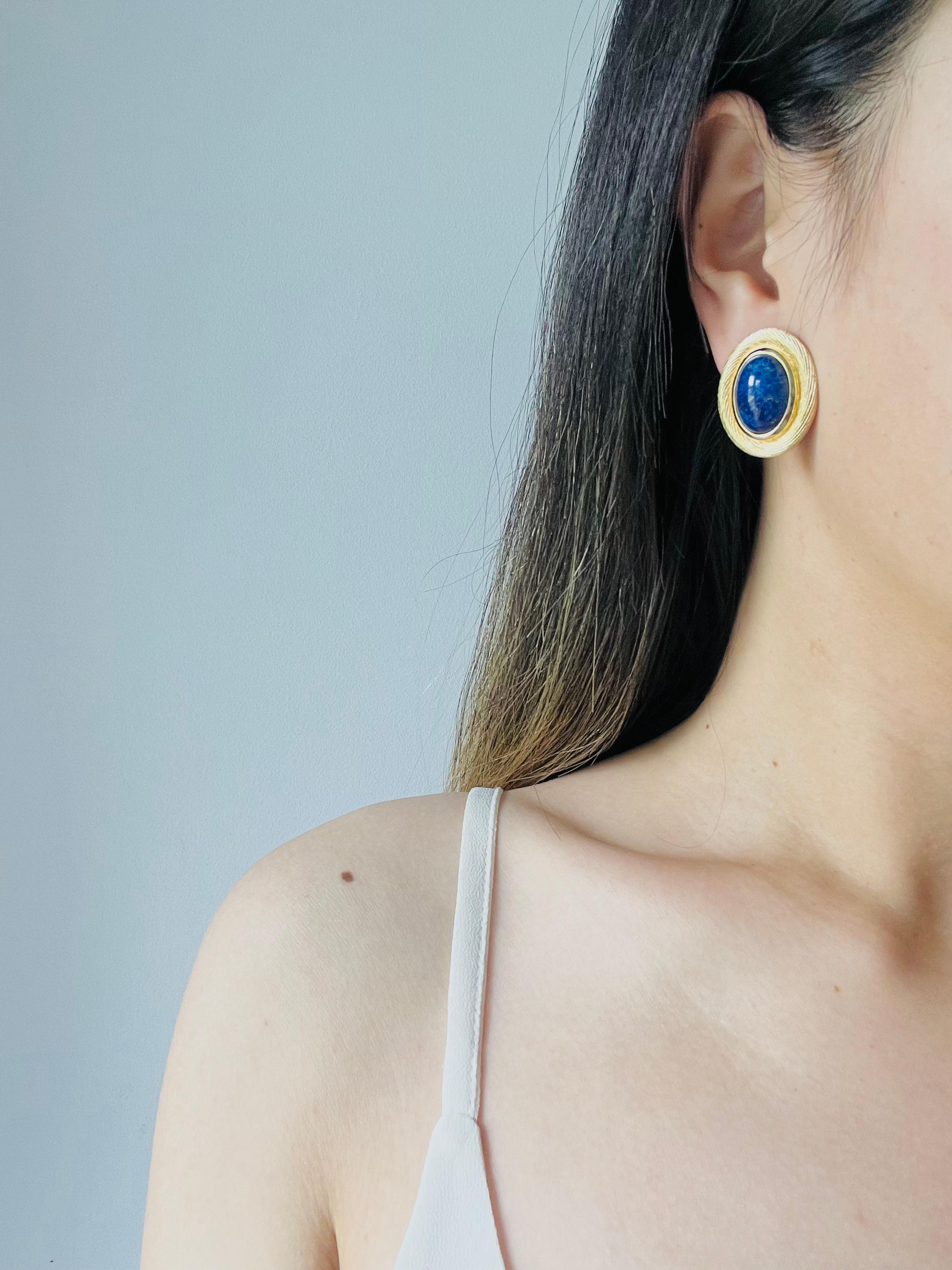Christian Dior Vintage 1980s Large Lapis Navy Foil Oval Modernist Clip Earrings For Sale 2