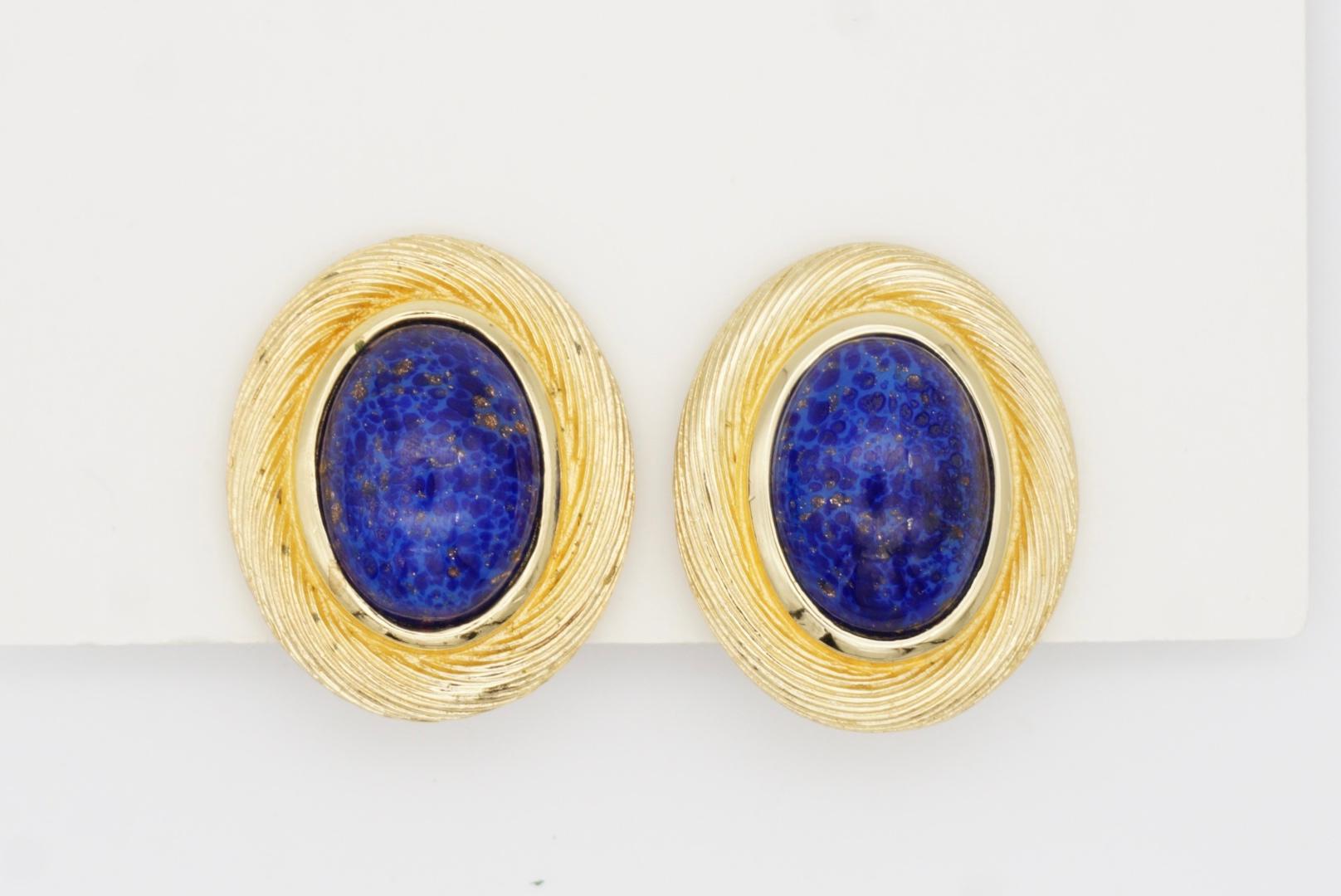 Christian Dior Vintage 1980s Large Lapis Navy Foil Oval Modernist Clip Earrings 3