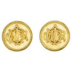 Christian Dior Vintage 1980s Large Logo Insignia Initial Monogram Clip Earrings