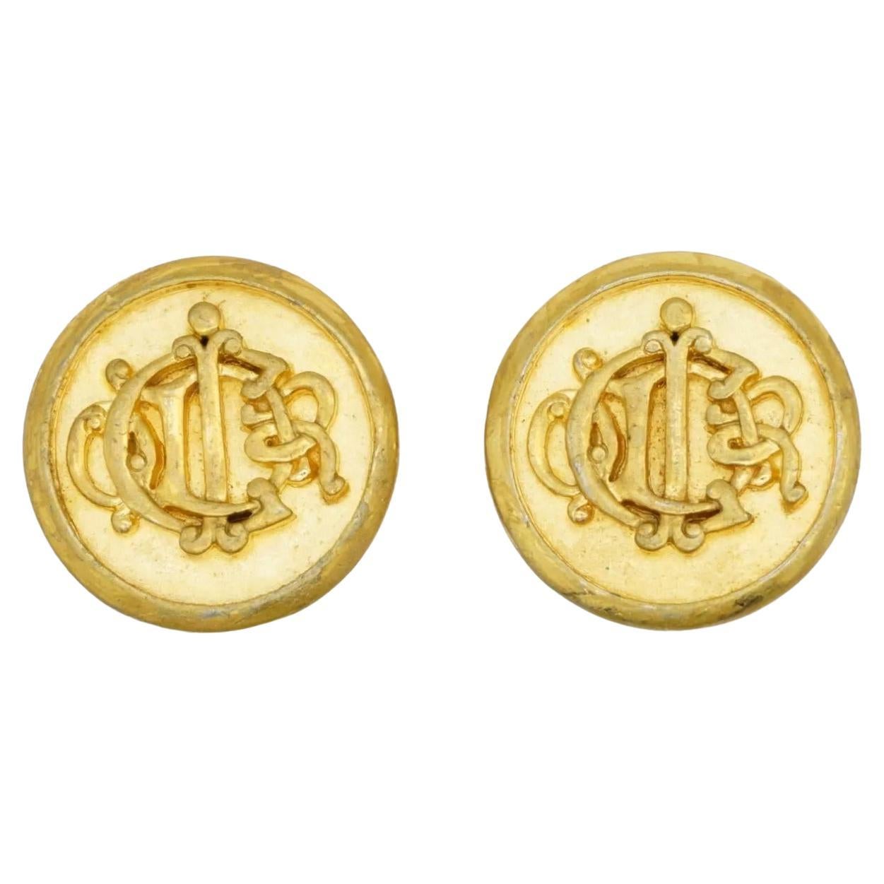 Christian Dior Vintage 1980s Large Logo Insignia Initial Monogram Clip Earrings