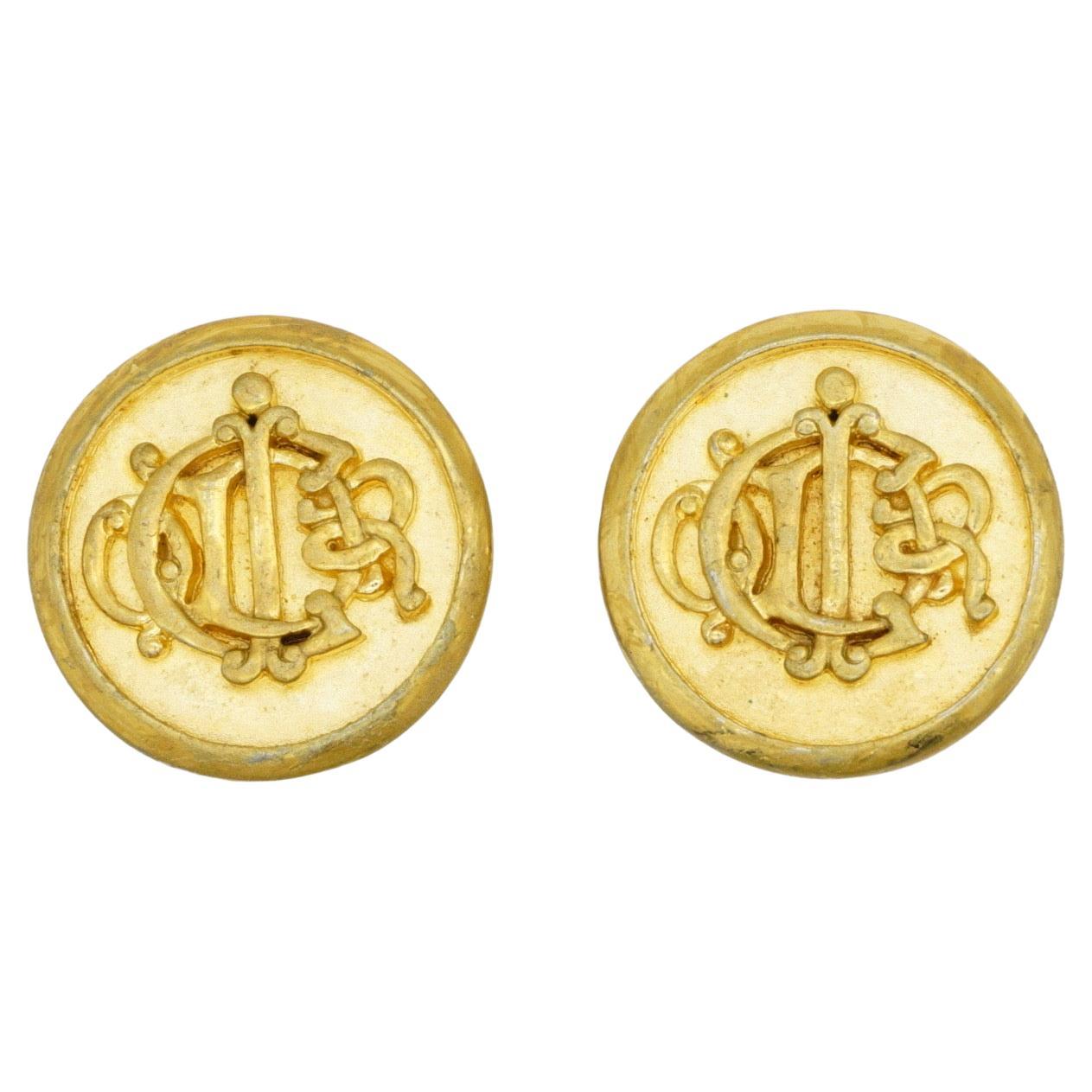 Christian Dior Vintage 1980s Large Logo Insignia Initial Monogram Clip Earrings For Sale