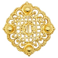 Christian Dior Vintage Años 80 Gran Logotipo Monograma Insignia Cresta Broche Calado