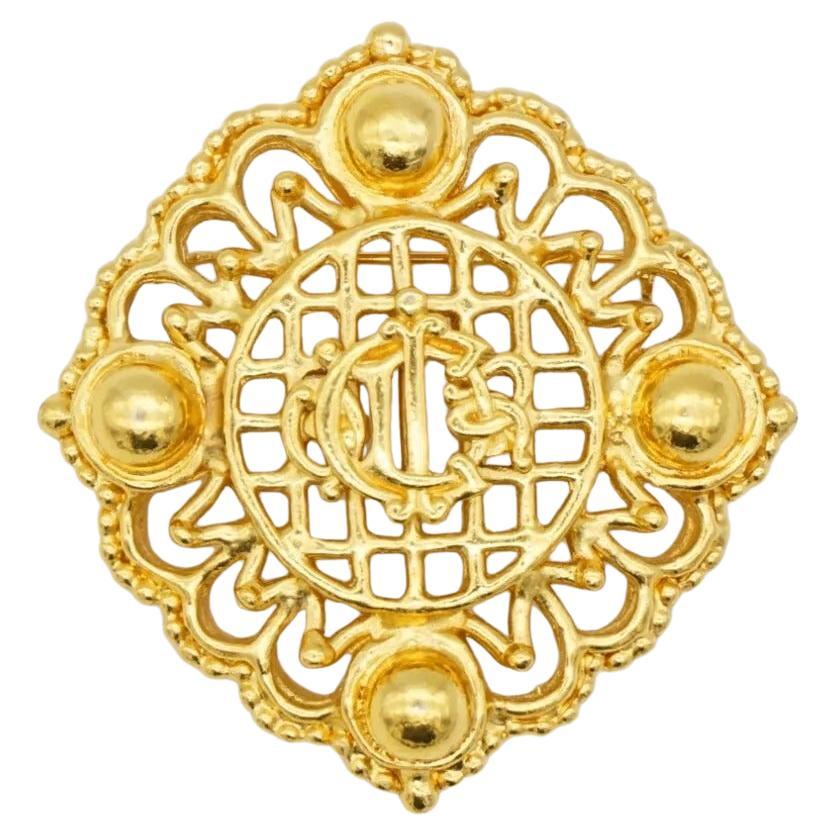 Christian Dior Vintage 1980s Large Logo Monogram Insignia Crest Openwork Brooch